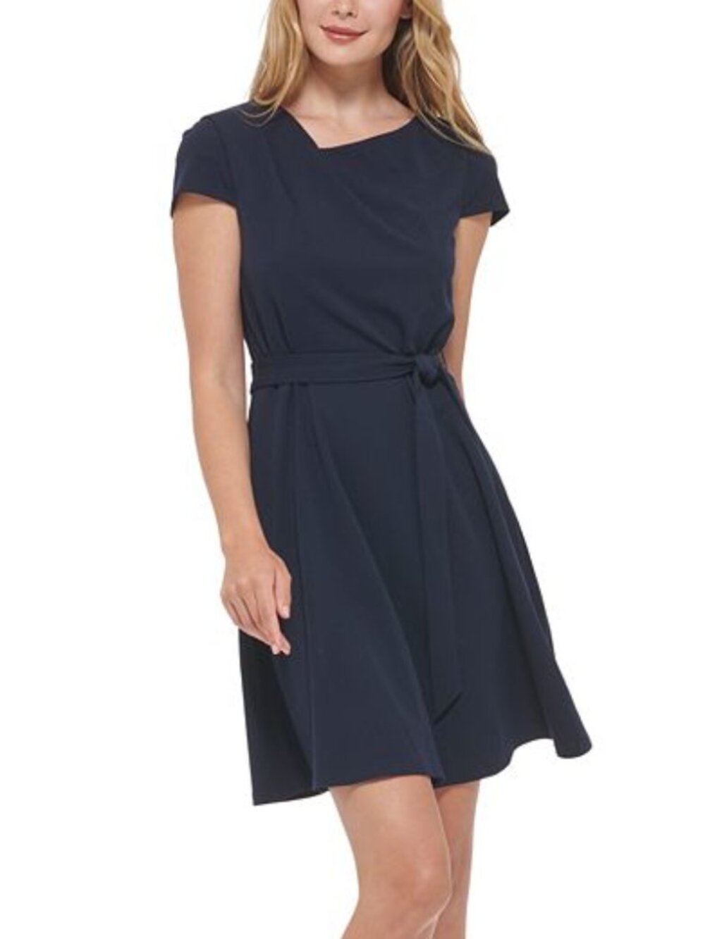 DKNY Asymmetrical Neck Dress 16 navy blue sash tie zip close office short sleeve